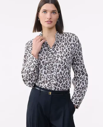 Ann Taylor Tops And Blouses|Animal Print Ruffle Shirt Pale Linen