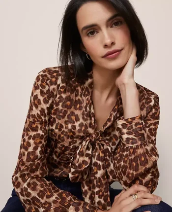 Ann Taylor Tops And Blouses|Animal Print Tie V-Neck Popover Pale Sandalwood