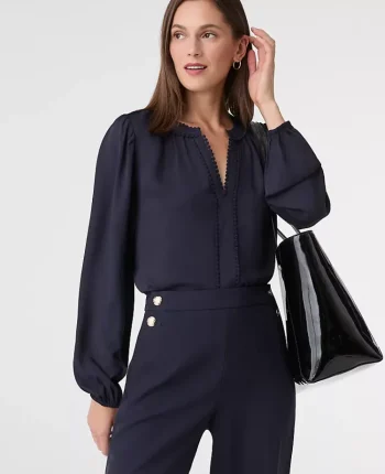 Ann Taylor Tops And Blouses|Bobble Trim V-Neck Blouse Night Sky