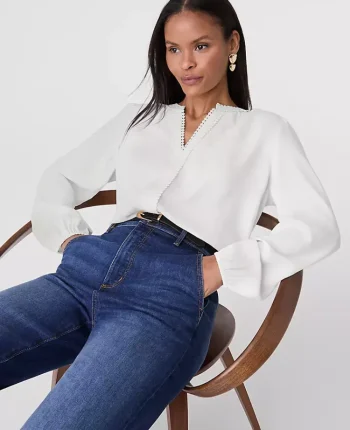 Ann Taylor Tops And Blouses|Bobble Trim V-Neck Blouse Winter White