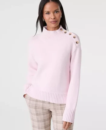 Ann Taylor Sweaters|All Sweaters|Button Mock Neck Sweater Pink Ribbon