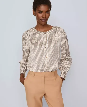 Ann Taylor Tops And Blouses|Chain Link Print Satin Popover Cafe Au Lait