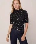 Ann Taylor Tops And Blouses|Dotted Mock Neck Elbow Sleeve Top Cafe Au Lait