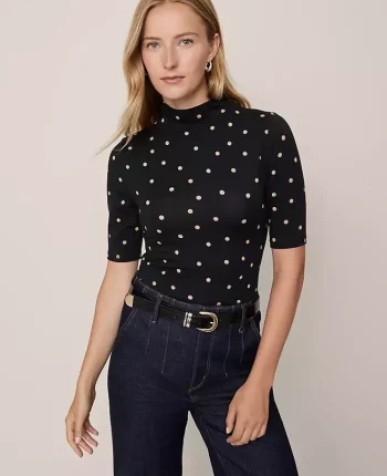 Ann Taylor Tops And Blouses|Dotted Mock Neck Elbow Sleeve Top Cafe Au Lait