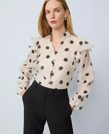 Ann Taylor Tops And Blouses|Dotted Ruffle Trim Blouse Ivory Whisper