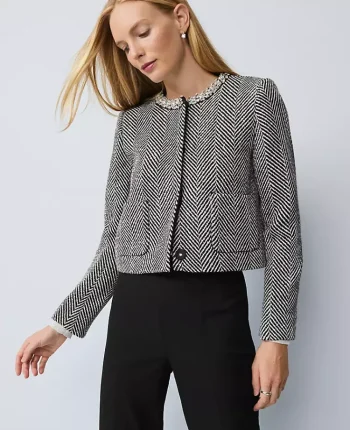 Ann Taylor Jackets And Blazers|Embellished Herringbone Cropped Jacket Black
