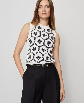 Ann Taylor Sweaters|All Sweaters|Floral Embroidered Sweater Shell White/Navy