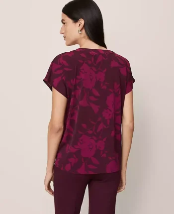 Ann Taylor Tops And Blouses|Floral Mixed Media Pleat Front Top Poised Plum