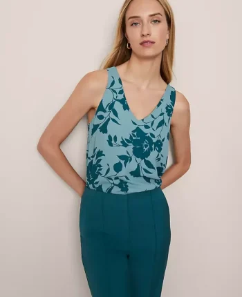 Ann Taylor Tops And Blouses|Floral Mixed Media V-Neck Shell Deep Atlantic Teal