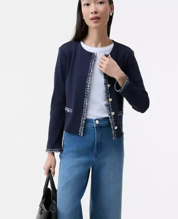 Ann Taylor Tops And Blouses|Fringe Trim Knit Jacket Night Sky