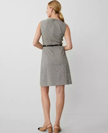 Ann Taylor Dresses|Houndstooth Pleat Front Belted Sheath Dress Neutral Multi
