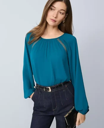 Ann Taylor Tops And Blouses|Lace Trim Mixed Media Blouse Pacific Shore
