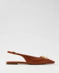 Ann Taylor Weekend Shoes|Weekend Shoes|Leather Buckle Slingback Flat Saddle Brown