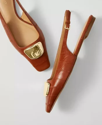 Ann Taylor Weekend Shoes|Weekend Shoes|Leather Buckle Slingback Flat Saddle Brown