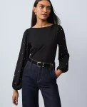 Ann Taylor Tops And Blouses|Mixed Media Embellished-Sleeve Top Black