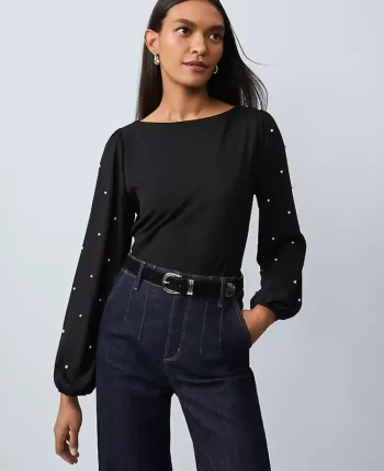 Ann Taylor Tops And Blouses|Mixed Media Embellished-Sleeve Top Black