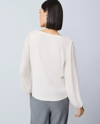 Ann Taylor Tops And Blouses|Mixed Media Embellished-Sleeve Top Winter White