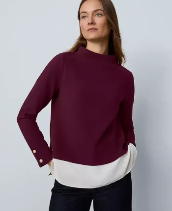 Ann Taylor Tops And Blouses|Mixed Media Mock Neck Top Poised Plum