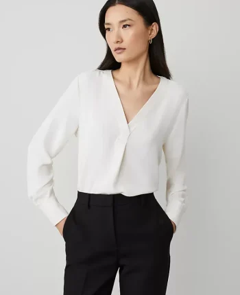 Ann Taylor Tops And Blouses|Mixed Media Pleat Front Top Winter White