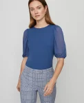 Ann Taylor Tops And Blouses|Mixed Media Pleated Sleeve Top Faded Denim