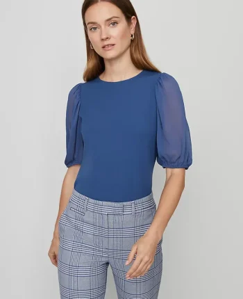 Ann Taylor Tops And Blouses|Mixed Media Pleated Sleeve Top Faded Denim