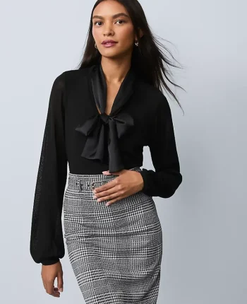 Ann Taylor Sweaters|All Sweaters|Mixed Media Tie Neck Top Black
