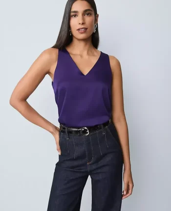 Ann Taylor Tops And Blouses|Mixed Media V-Neck Shell Midnight Mulberry