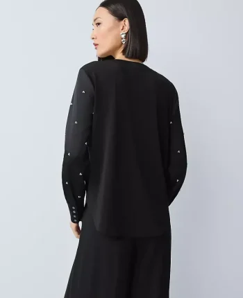 Ann Taylor Tops And Blouses|Pearl Embellished Mixed Media Top Black