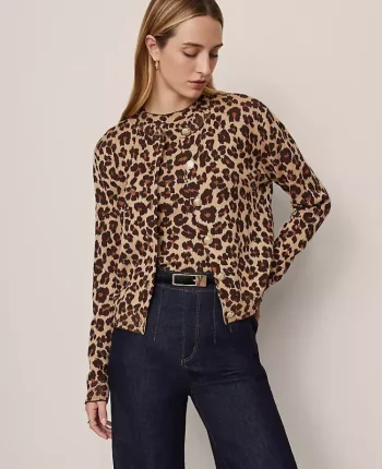 Ann Taylor Sweaters|All Sweaters|Petite Animal Print Jacquard Cardigan Almond Croissant