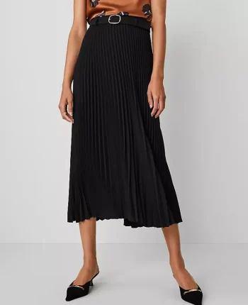 Ann Taylor Skirts|Petite Skirts|Petite Belted Pleated Midi Skirt Black