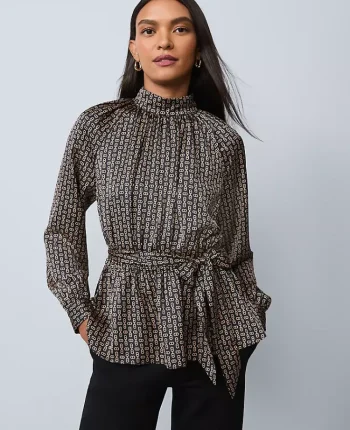 Ann Taylor Tops And Blouses|Petite Chain Link Print Tie Waist Blouse Black