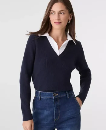 Ann Taylor Petite Sweaters|Petite Collared Mixed Media Sweater Night Sky