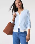 Ann Taylor Petite Sweaters|Petite Contrast Trim Ann Cardigan Pristine Blue