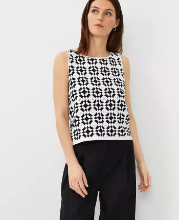 Ann Taylor Petite Sweaters|Petite Crochet Sweater Shell White-Black