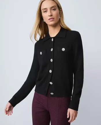 Ann Taylor Sweaters|All Sweaters|Petite Embellished Collared Cardigan Black