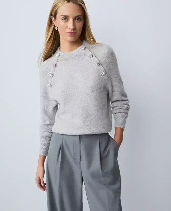 Ann Taylor Petite Sweaters|Petite Embellished Mock Neck Sweater Medium Light Heather Grey