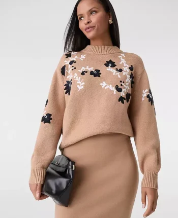 Ann Taylor Petite Sweaters|Petite Embroidered Floral Mock Neck Sweater Cafe Au Lait