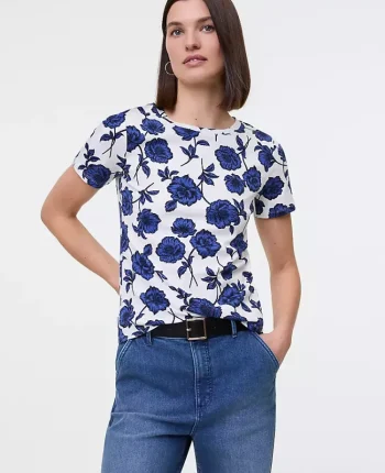 Ann Taylor New Petite Styles|Petite Floral Crew Neck Tee Electric Periwinkle