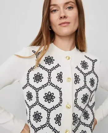 Ann Taylor Sweaters|All Sweaters|Petite Floral Embroidered Cardigan White/Navy