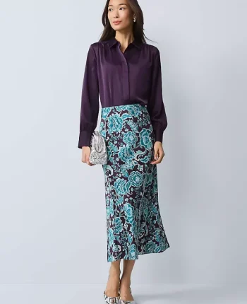 Ann Taylor Skirts|Petite Skirts|Petite Floral Satin Midi Slip Skirt Aubergine Dream