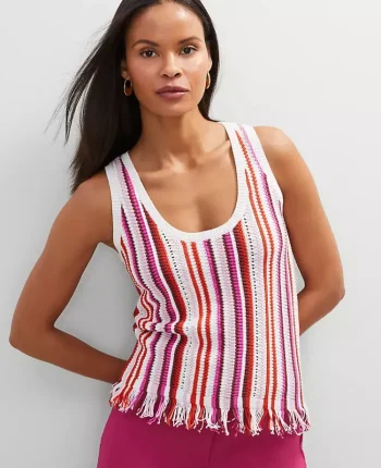 Ann Taylor Sweaters|All Sweaters|Petite Fringe Striped Shell Red Pepper