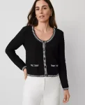 Ann Taylor Petite Sweaters|Petite Geo Stitch Sweater Jacket Black/White Multi