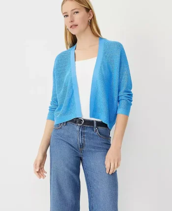 Ann Taylor Petite Sweaters|Petite Mesh Stitch Open Cardigan Cerulean Blue