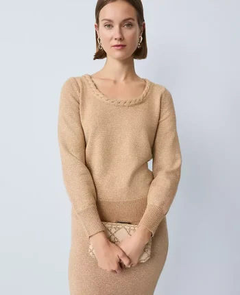 Ann Taylor Sweaters|All Sweaters|Petite Metallic Braided Scoop Neck Sweater Cafe Au Lait