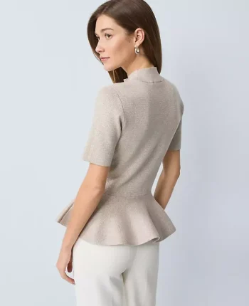 Ann Taylor Petite Sweaters|Petite Metallic Peplum Top Pale Sand Heather