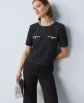 Ann Taylor Tops And Blouses|Petite Metallic Tweed Top Navy/Black Metallic