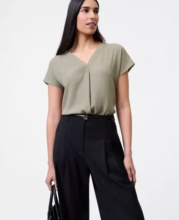 Ann Taylor Tops And Blouses|New Petite Styles|Petite Mixed Media Pleat Front Top Dried Moss