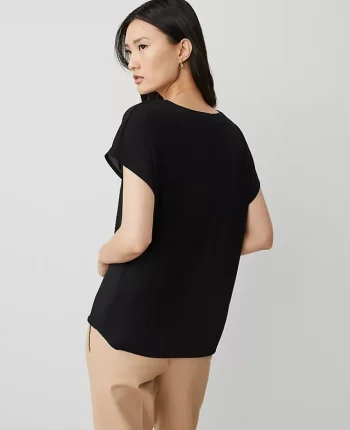 Ann Taylor Tops And Blouses|New Petite Styles|Petite Mixed Media Pleat Front Top Black