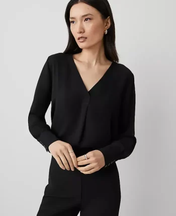 Ann Taylor Tops And Blouses|Petite Mixed Media Pleat Front Top Black