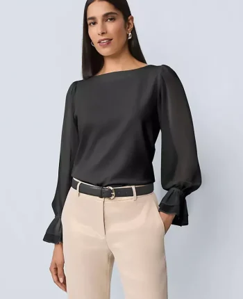 Ann Taylor Tops And Blouses|Petite Mixed Media Pleated Sleeve Top Black